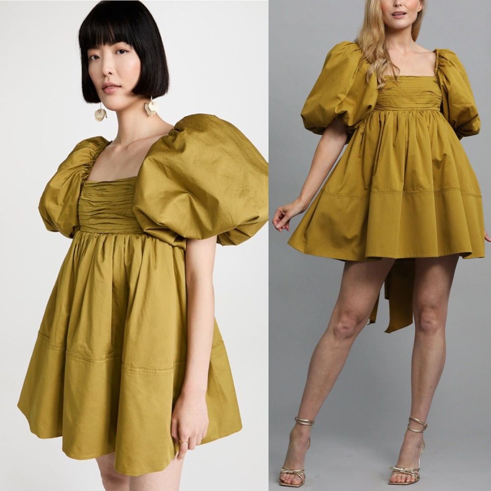 Aje Casabianca Puff Sleeve Bow Mini Dress Olive Green Smock Size AU 10 US 6 - Picture 15 of 16